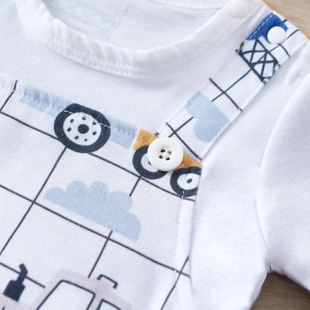 IURNXB Baby Romper Infant's Engineering Car Print Faux Two-piece Bodysuit Casual Short Sleeve Onesie Newborn Clothing 0-18M