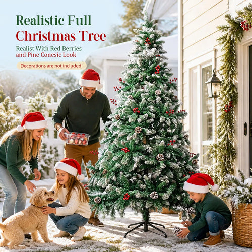 7FT 8FT Snow Flocked Artificial Christmas Tree with Pine Cones & Red Berries, Hinged Xmas Tree with Foldable Metal Stand for Indoor Holiday Home Decor