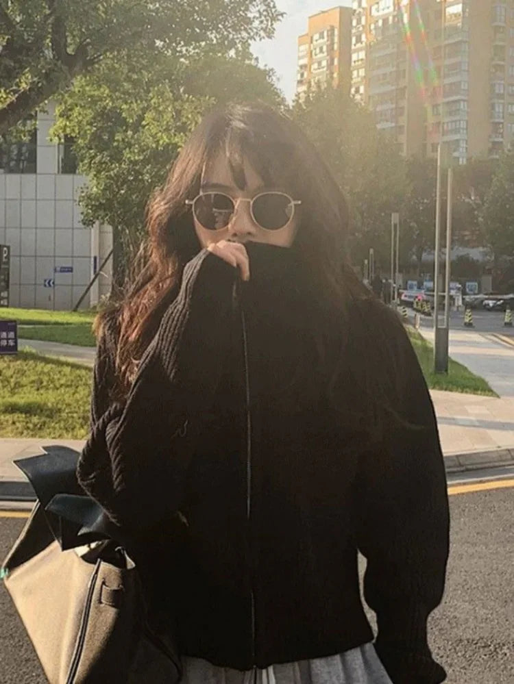Y2k Aesthetic Harajuku Cardigan Mujer Kardigan Turtleneck Streetwear Grey Crop Tops Zipper 2026 Autumn All Match Solid  Sweater