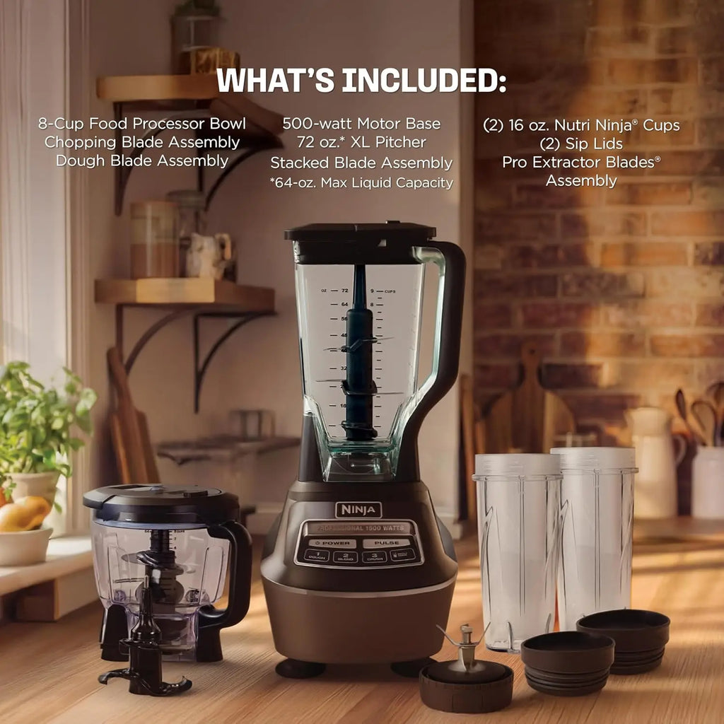 Multi-functional food processor/blender for making smoothies | Includes blending cup, two 16-ounce takeaway cups, and an 8-cup capacity mixing bowl | Makes salsa, dough, milkshakes, and cold drinks | 1500 watts