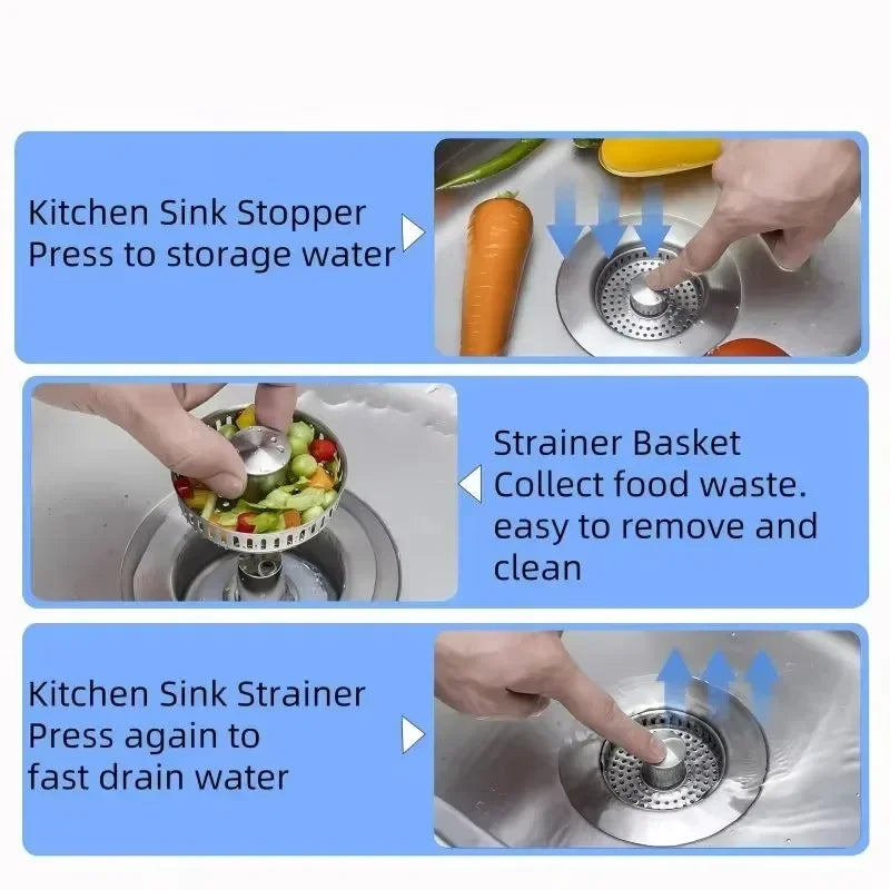 3 in 1 Kitchen Sink Drain Strainer Stainless Steel Pop-Up Sink Stopper Removable Sink Stopper Anti Clogging Sink Food Strainer