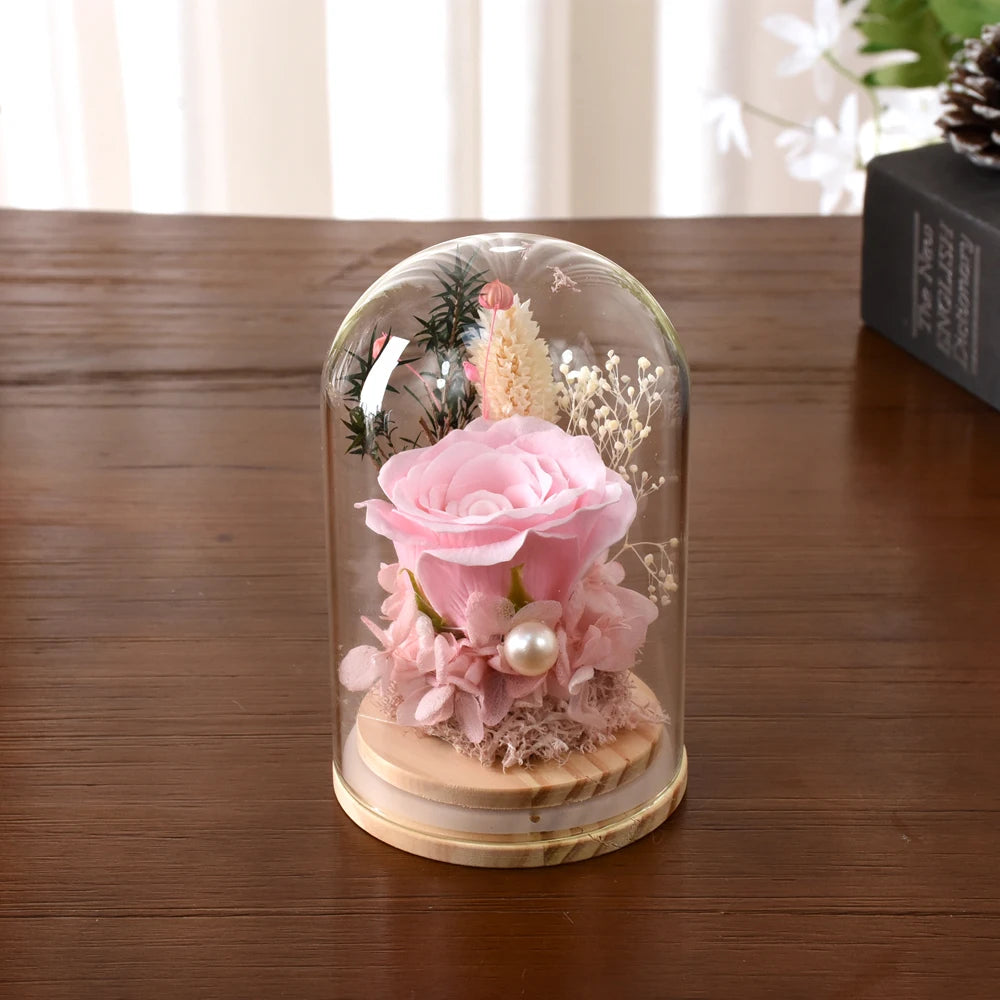 Little Artificial Rose Flowers Valentine's Day Flower Gift to Girlfriend Mother's Glass Dome Bell Jar at Valentine's Day Wedding