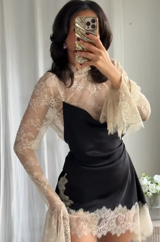 Contrast Lace Patchwork Mini Dress Women Elegant Full Flared Sleeve Waist Cinching Slim Mini Dresses 2025 Lady Street Chic Gown