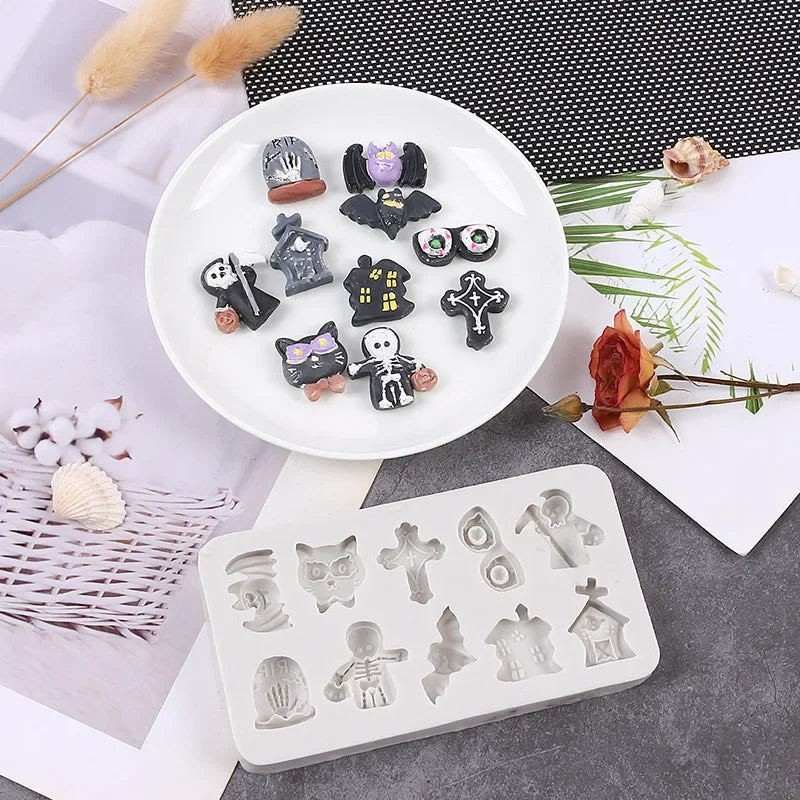 Non-Stick Halloween Silicone Baking Molds | DIY Candy Chocolate Fondant Maker | Ghost Pumpkin Bat Skull Witch Hat Shapes