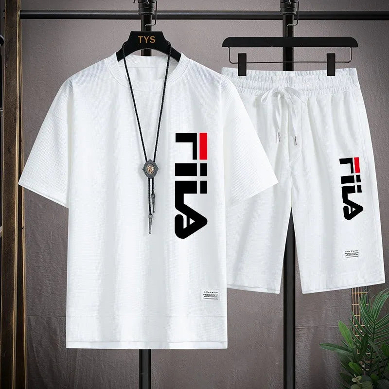 2026 Summer Men's Sports Set Casual T-shirt+Shorts Set Waffle Fashion Short Sleeve Shorts Two sets of Sports Set Loose Set