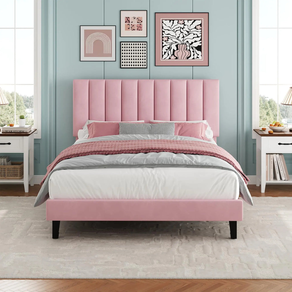Twin Full Queen Upholstered Platform Bed Frame, Adjustable Tufted Headboard, Wood Slats, 1000lbs Support, No Box Spring Needed