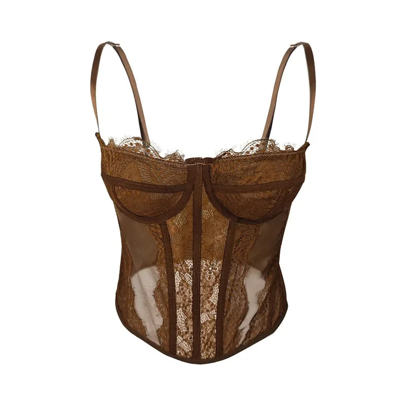 Y2k 90s Vintage Corset Sleeveless Crop Top Ladies Chic Lace Trim Snug Fitting Bustier Sexy Bodycon Camisole Camisole Corset Top