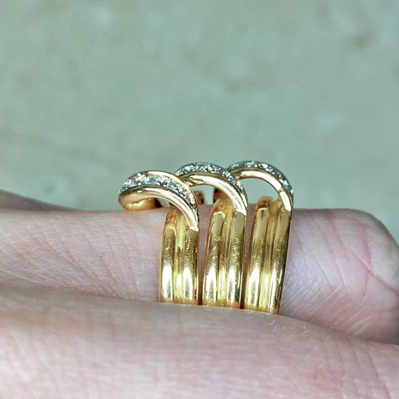 Huitan Gorgeous Women Wedding Rings Gold Color Wide Band Statement Female Finger-rings for Party Luxury Cubic Zirconia Jewelry