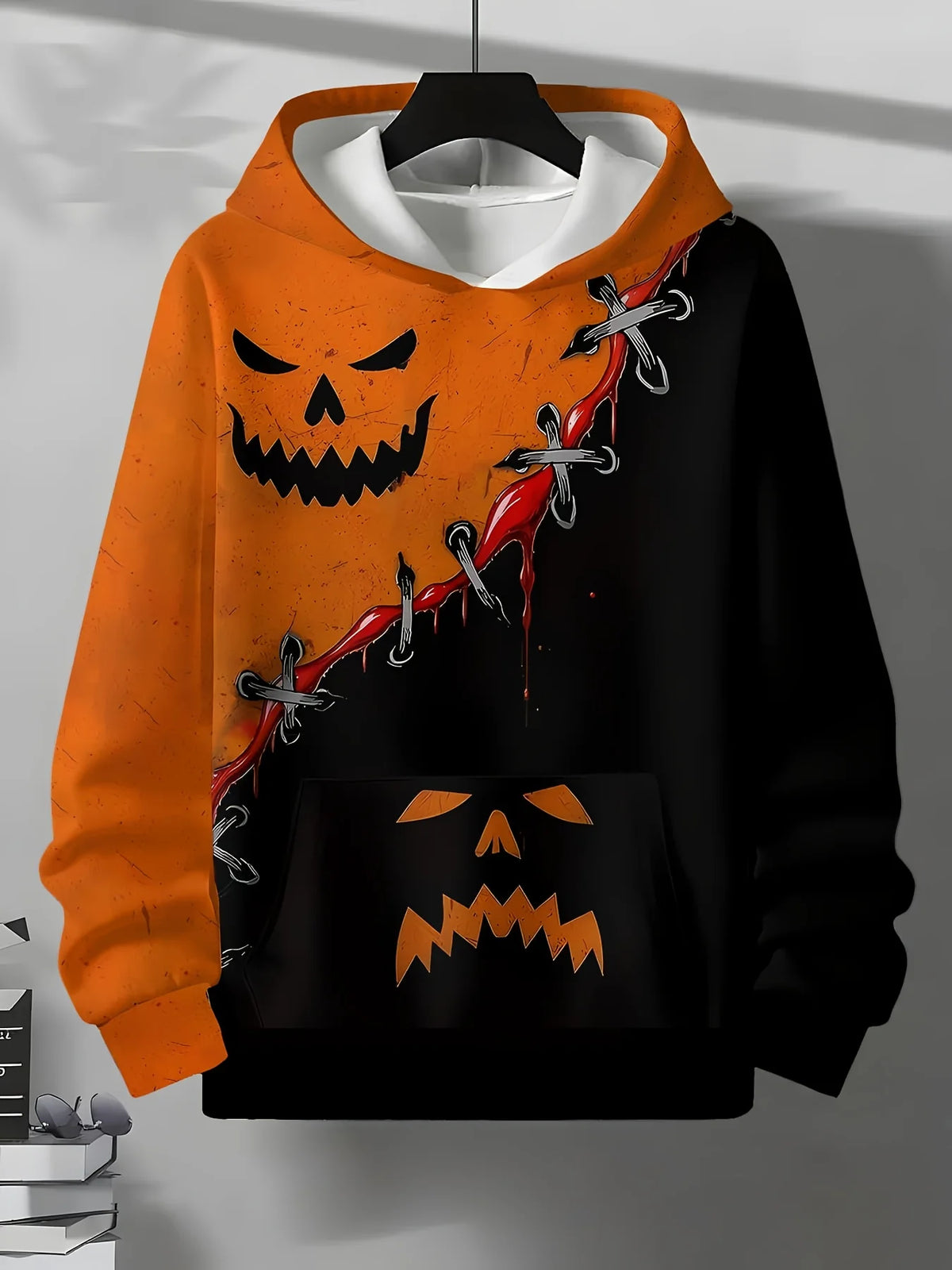 Men Halloween Stitch Pumpkin Face 3D Print Hoodie Split Black Orange Graphic Long Sleeve Pullover Sweatshirt With Pocket