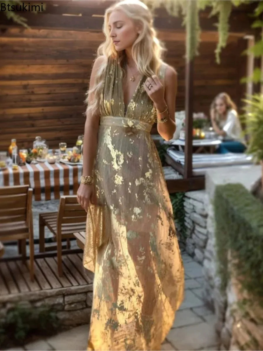 Sexy Deep V Neck Sleeveless Women's Party Gold Dresses Summer New Fashion Slim Waist Elegant Maxi Dress for Women Vestidos 2026