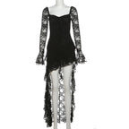 Goth Dark Fairycore Lace Flare Sleeve Square Neck A-line Dress Sweet E-girl Irregular Long Hem Dresses Cyber Y2K Party Vestido