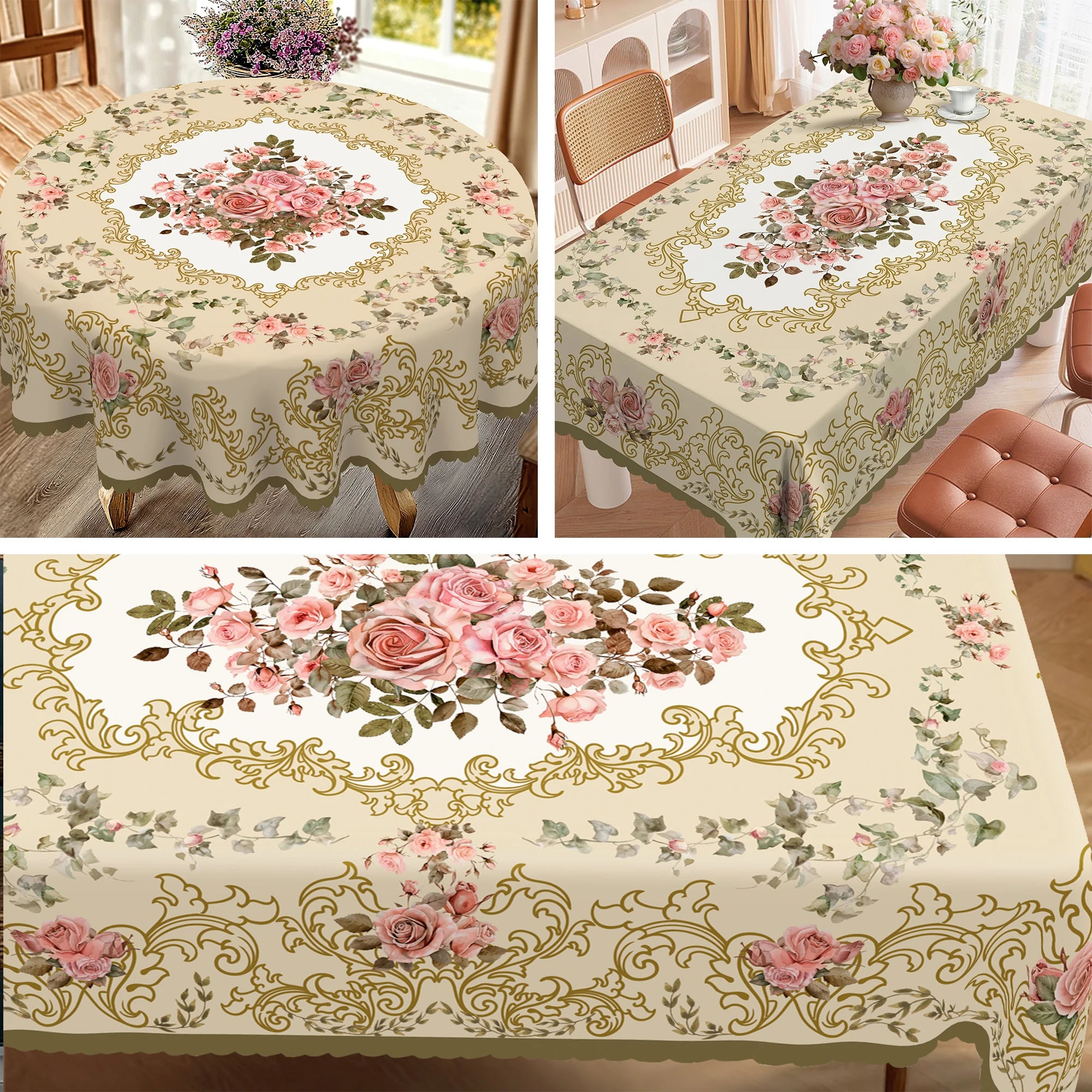 Elegant Floral-Themed Printed Tablecloth, High-Quality White and Gold Pattern, Embossed Edges, Durable, Waterproof, Oil-Proof, Stain-Resistant, Wrinkle-Resistant, Non-Fading, Machine Washable, Reusable, Perfect Gift for Famil
