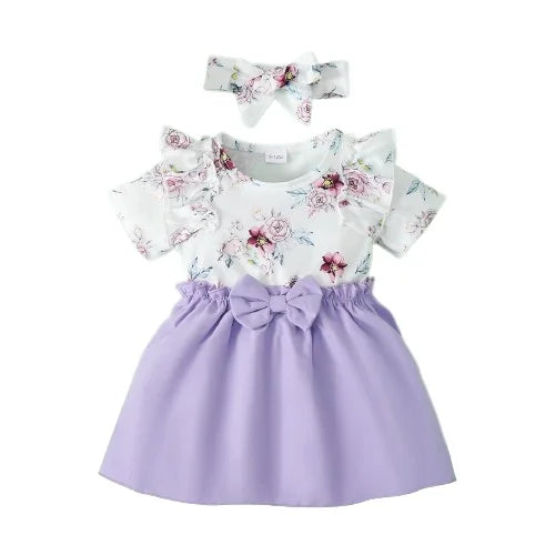 2PCS Baby Girl Floral Ruffle Short Sleeve Dress+Headwear Fashion Birthday Party Dress Summer Wear for Toddler Girl 0-3 Years