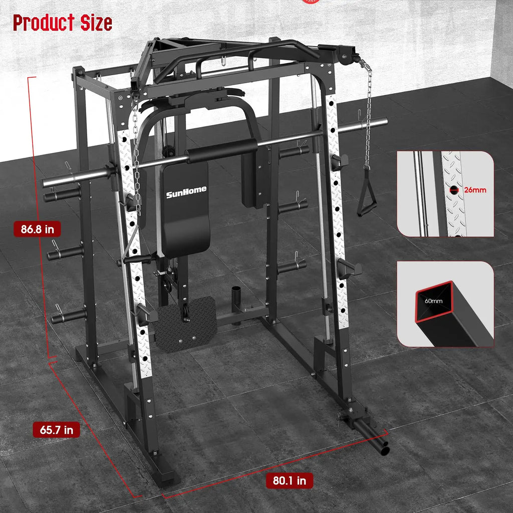 Smith Machine, Power Cage Squat Rack with Smith Bar, LAT Pull-Down Systems, Cable Crossover Machine and Cable, Customized