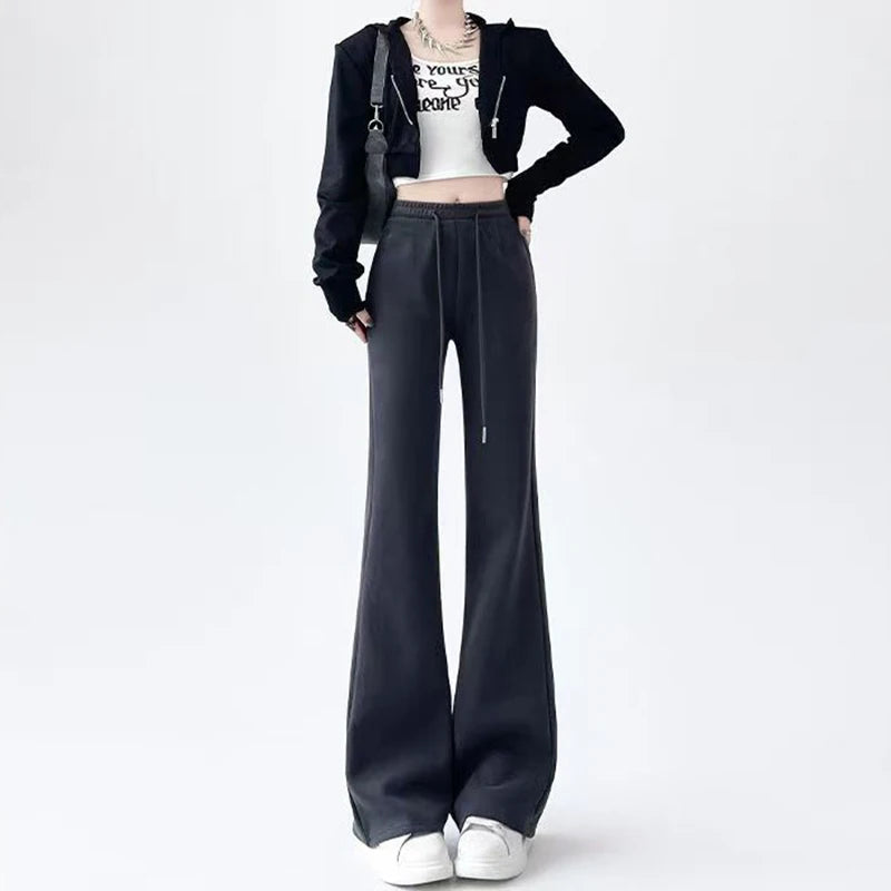 Micro Flared Pants Casual Dark Gray Sports High Waisted Drawstring Elastic Long Pants Solid Simple For Women Clothes Fashion New