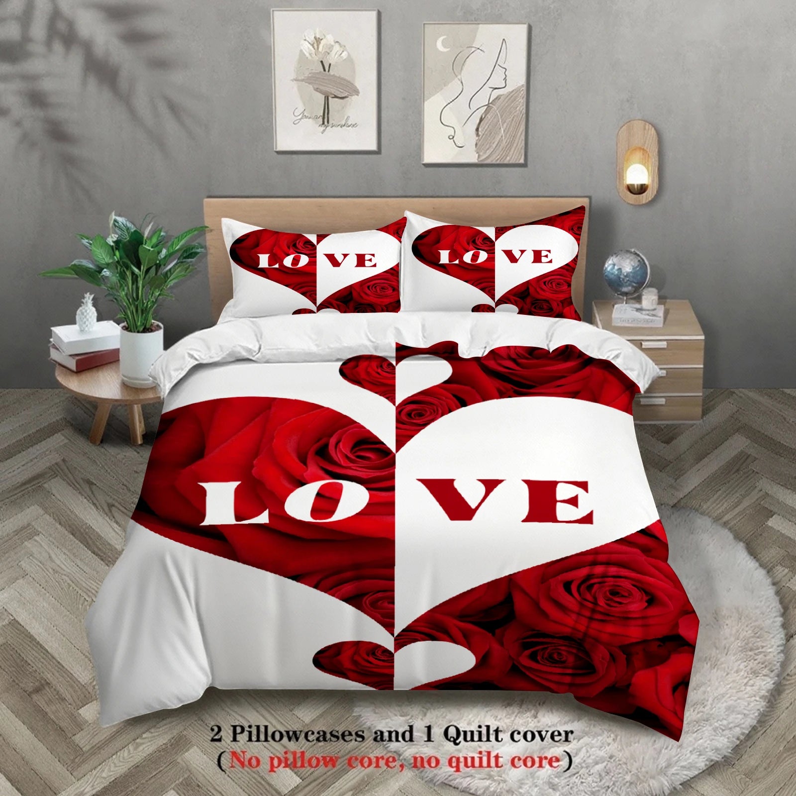 Love Rose Heart Bedding Set Red Romantic Duvet Cover Set With Pillowcases For Couples Wedding Bedroom Twin DoubleQueen King Size