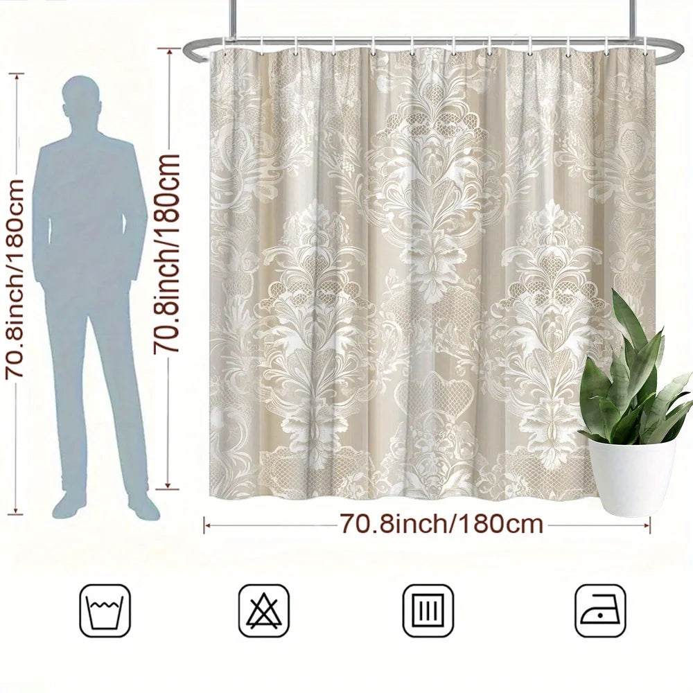 Elegant Luxury Damask Print Shower Curtain Waterproof Beige Gold Bathroom Shower Curtain Liner for Home Decor