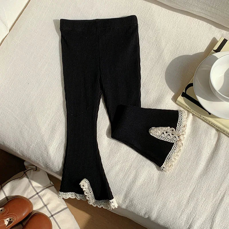 Little Girl's Flared Pants for Spring and Autumn New Fashionable Girls Clothing Korean Version Solid Color Lace Split Trousers