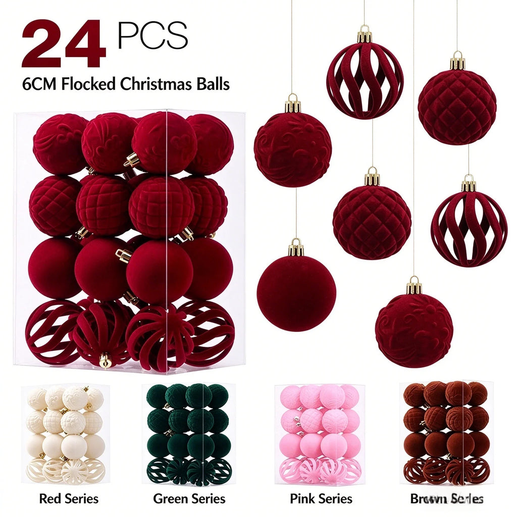 24PCS Flocked Christmas Tree Ornament Balls 6CM DIY Velvet Xmas Tree Hanging Pendants New Year Xmas Home Decoration Navidad 2026