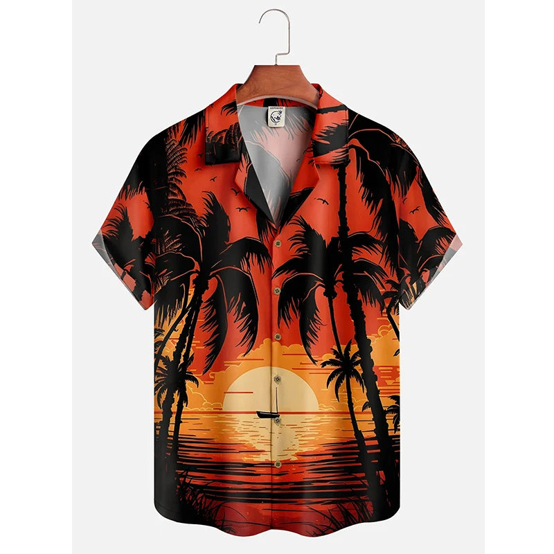 Men's Hawaii Summer Dusk Pattern Casual Shirt 3D Beach Funny Short Sleeve Womens Clothes Blouse New Hot Sale Floral y2k Tops 4XL