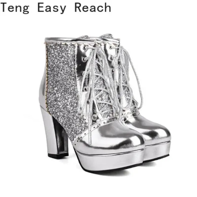 Autumn New Women Chunky High Heels Bling Party Ankle Chelsea Boots Gold Silver Red Black Big Size 34-48
