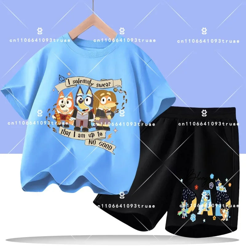 2026 summer T-shirt, 2-piece set Bluey children's 100% cotton short-sleeved set for boys - boys' sports shirt, girls' casual top
