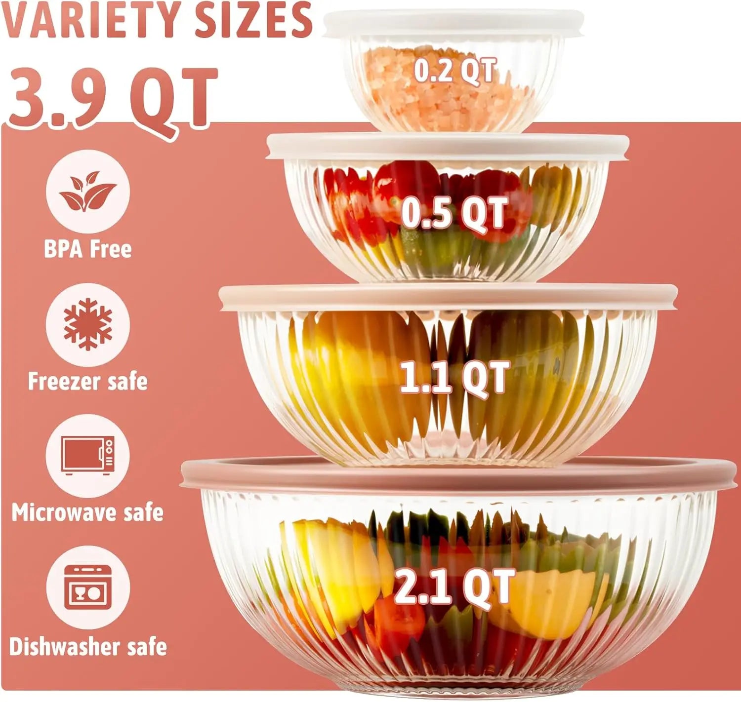 Glass Mixing Bowls with Lids Set of 4, BPA Free & Dishwasher Safe, 0.2/0.5/1.1/2.1 Qt