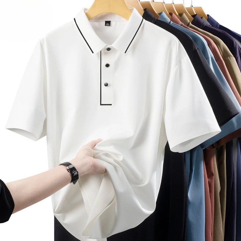 Plus Size 8XL Men's Stripe Polo Shirts Short Sleeve Ice Silk Tshirt Male Big Large Collar Business Casual Elegant Formal Classic