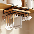 Space Saving Kitchen Organizer: Under Cabinet Hanging Rack with Hooks for Towels Cutting Boards & Pot Lids