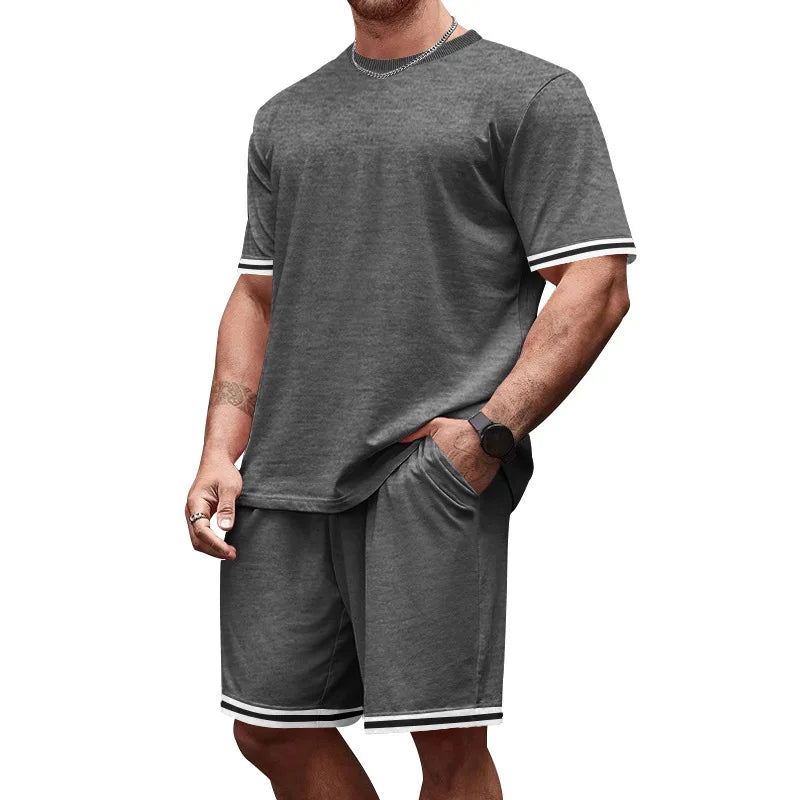 2026Men's Summer Tracksuit Solid Loose Casual Round Neck Short Sleeve T-shirts Shorts Two Piece Sets for Men Gym Clothing Sets