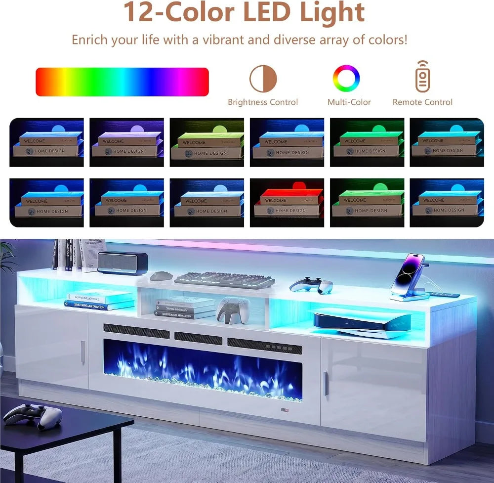 78" Electric Fireplace TV Stand with LED Lights & Storage for TVs up to 90"