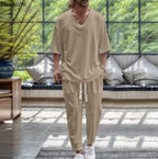 2026 Men Two Piece Sets Fashion Solid Tracksuits Summer Half Sleeve V-neck T-Shirt and Pants Loose Casual Outfit Male Streetwear