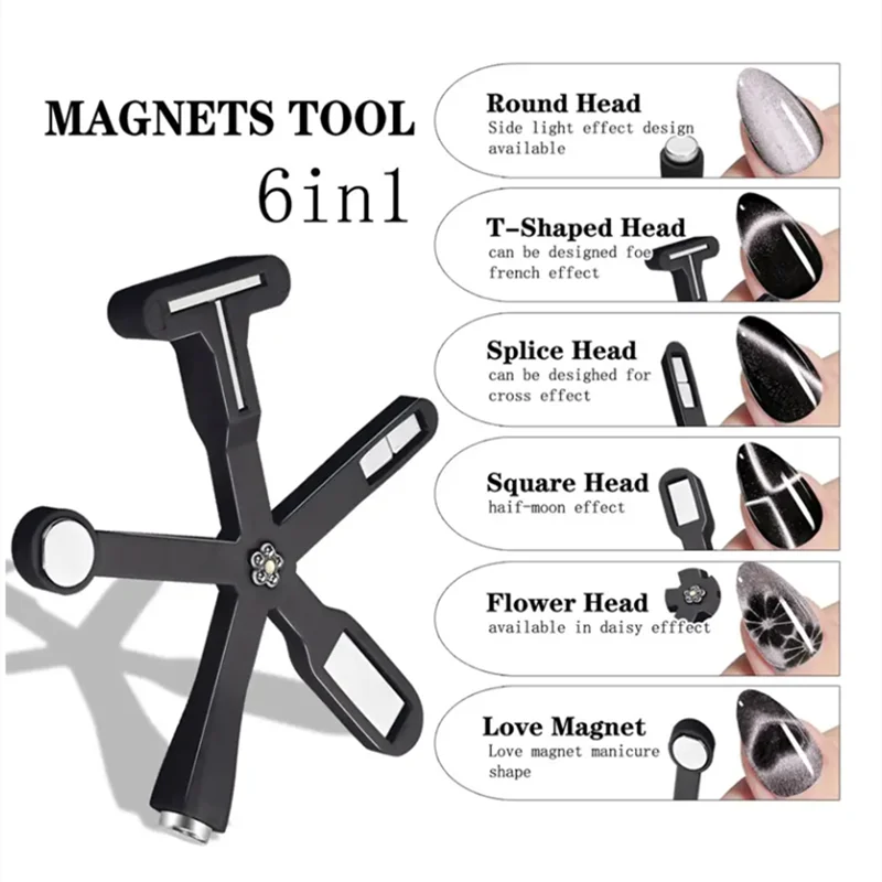 6-IN-1 Strong Magnetic Stick for Cat Eye Polish Black Nail Magnet Tool Magnet Pen Nails Art Design Glitter Effect Manicure Tools