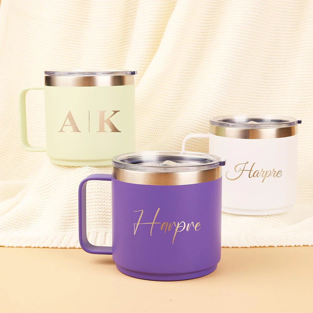 Custom 12oz Coffee Mug With Handle Tumbler Stainless Steel Vacuum Insulated Thermal Beer Cup Travel Thermos with Leakproof Lid