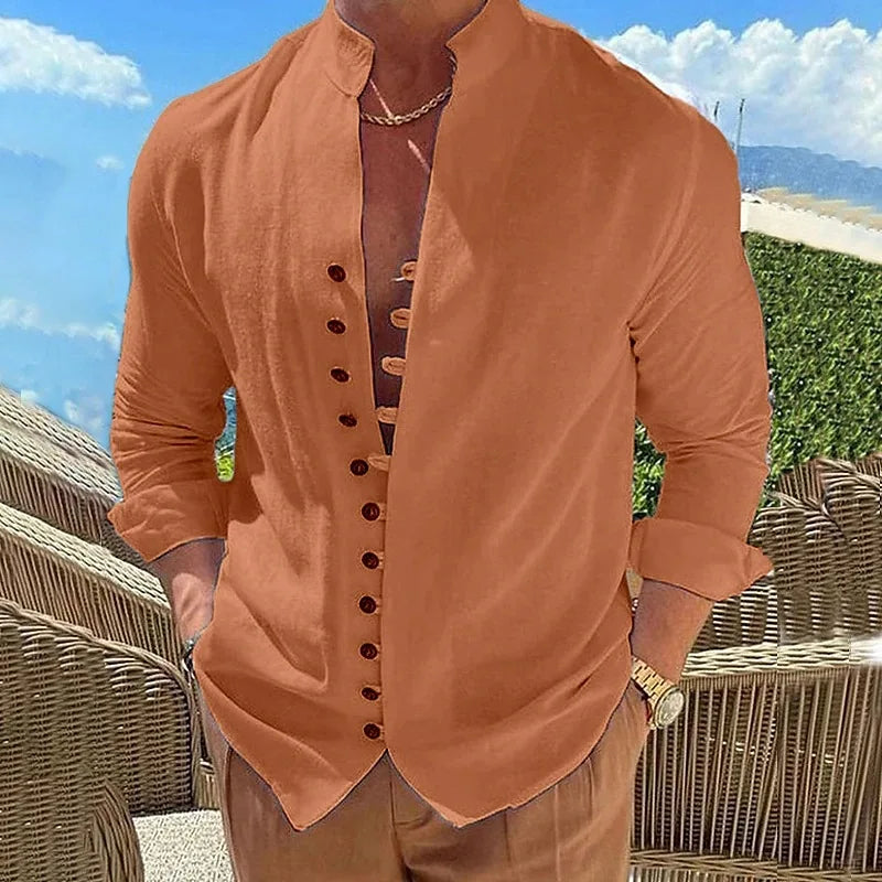 New Men's Vintage Casual Shirts 2025 Linen Long Sleeve Street Wear Lapel Button Solid Color Shirt For Men Vacation Blouse Top