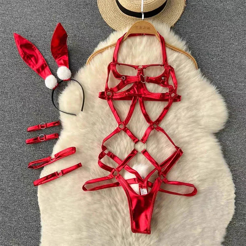 Valentine Party Sleepwear Combination Catsuits Slim Intimate Erotic Mesh Strappy Rompers Women Bodysuits Lingerie Sexy Sets