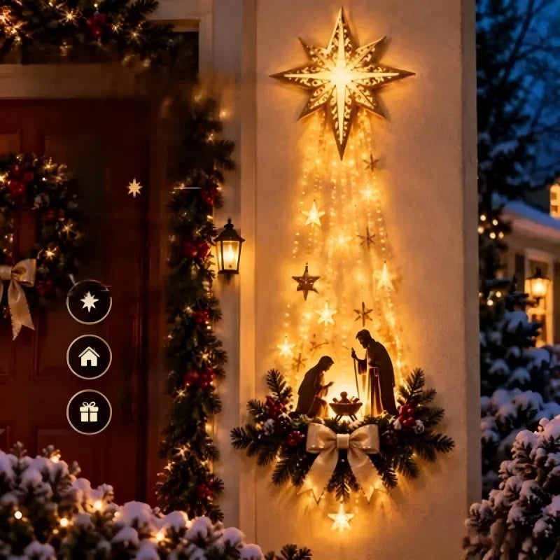 Christmas Lighted Nativity Wall Ornament LED Glowing Hanging Decoration Xmas Birth Scene Star Faith Decor Holiday Party Supplies