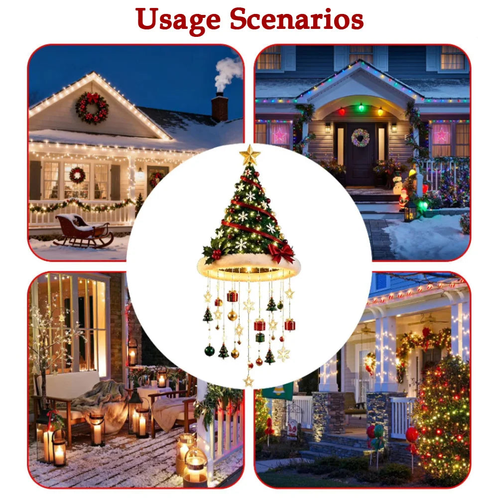 LED Santa Hat Hanging Light Christmas Pendant Lamp with Tassel Bell Star Ornaments Xmas Holiday Party Home Wall Ceiling Decor