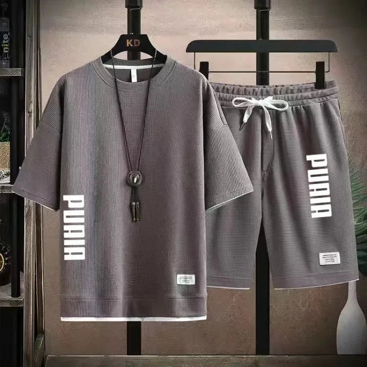 2026 New Men's T-shirt and Shorts Set 2-in-1 Summer Breathable Casual T-shirt Running Fashion Element Printed Men's Sports Set