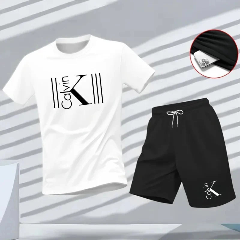 New summer fitness sportswear for men, short-sleeved T-shirt and shorts two-piece set, breathable and quick-drying casual wear.