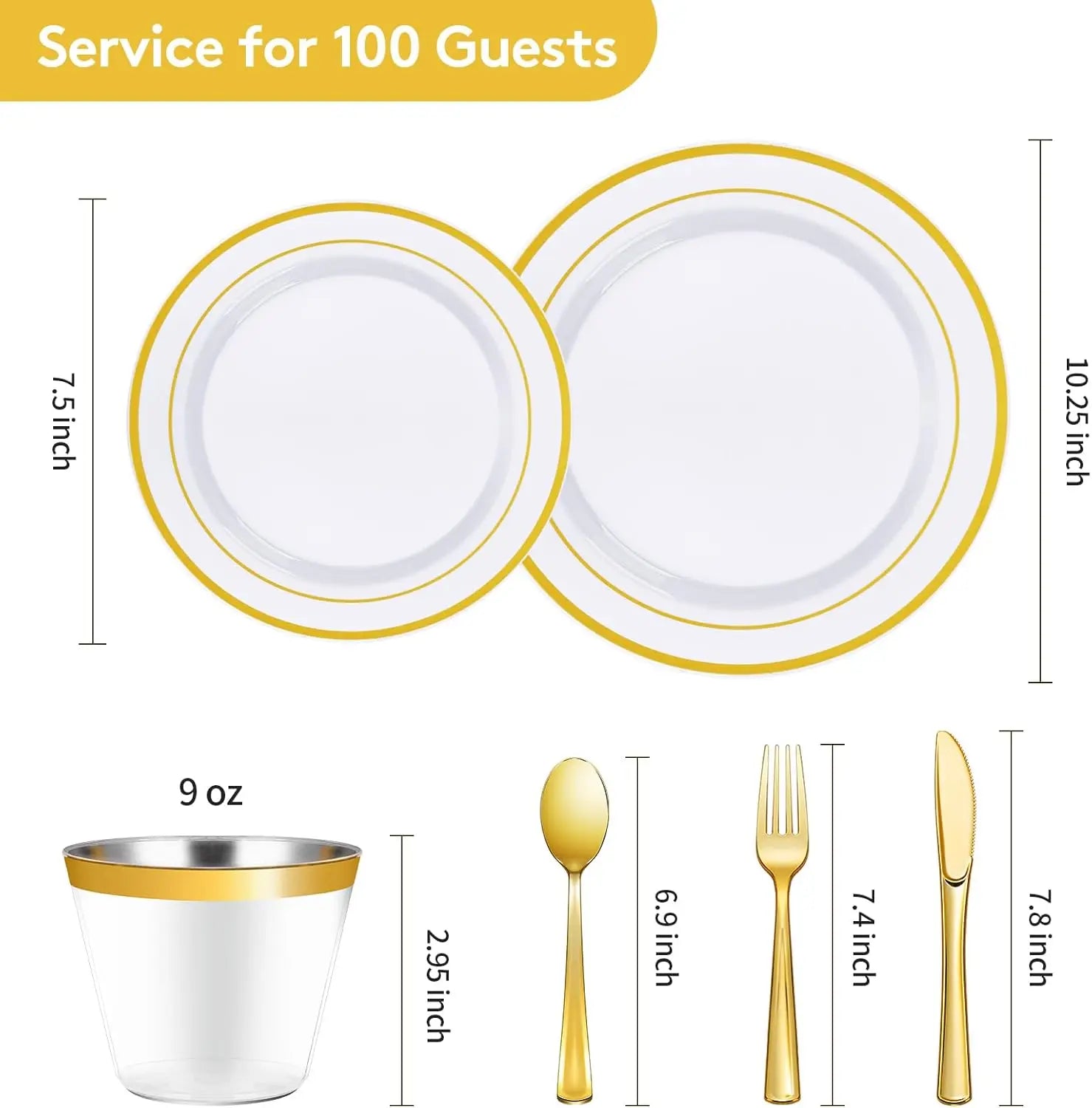 Disposable Gold Plastic Dinnerware Set for 100 Guests - 600 Pieces Includes 100 Dinner Plates, 100 Dessert Plates, 100 Forks, 100 Knives, 100 Spoons, 100 Cups, Party Supplies
