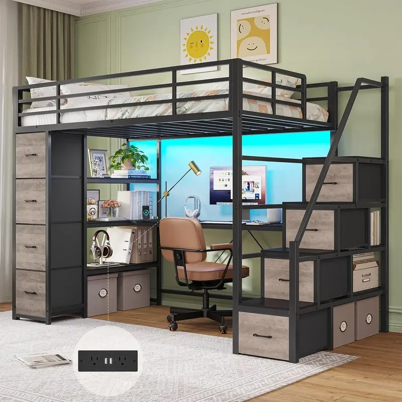 Twin Loft Bed with Storage Stairs Desk Power Strips LED Lights 8 Drawers Open Shelves Safety Guardrail for Kids Teens Adults