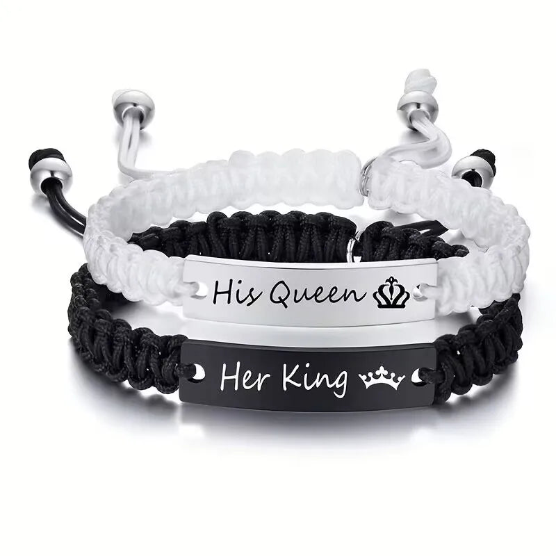 2 Pcs Handmade White Black Braided Rope Bracelet Set Adjustable Stainless Steel Couple Bracelets Valentine's Day Gifts