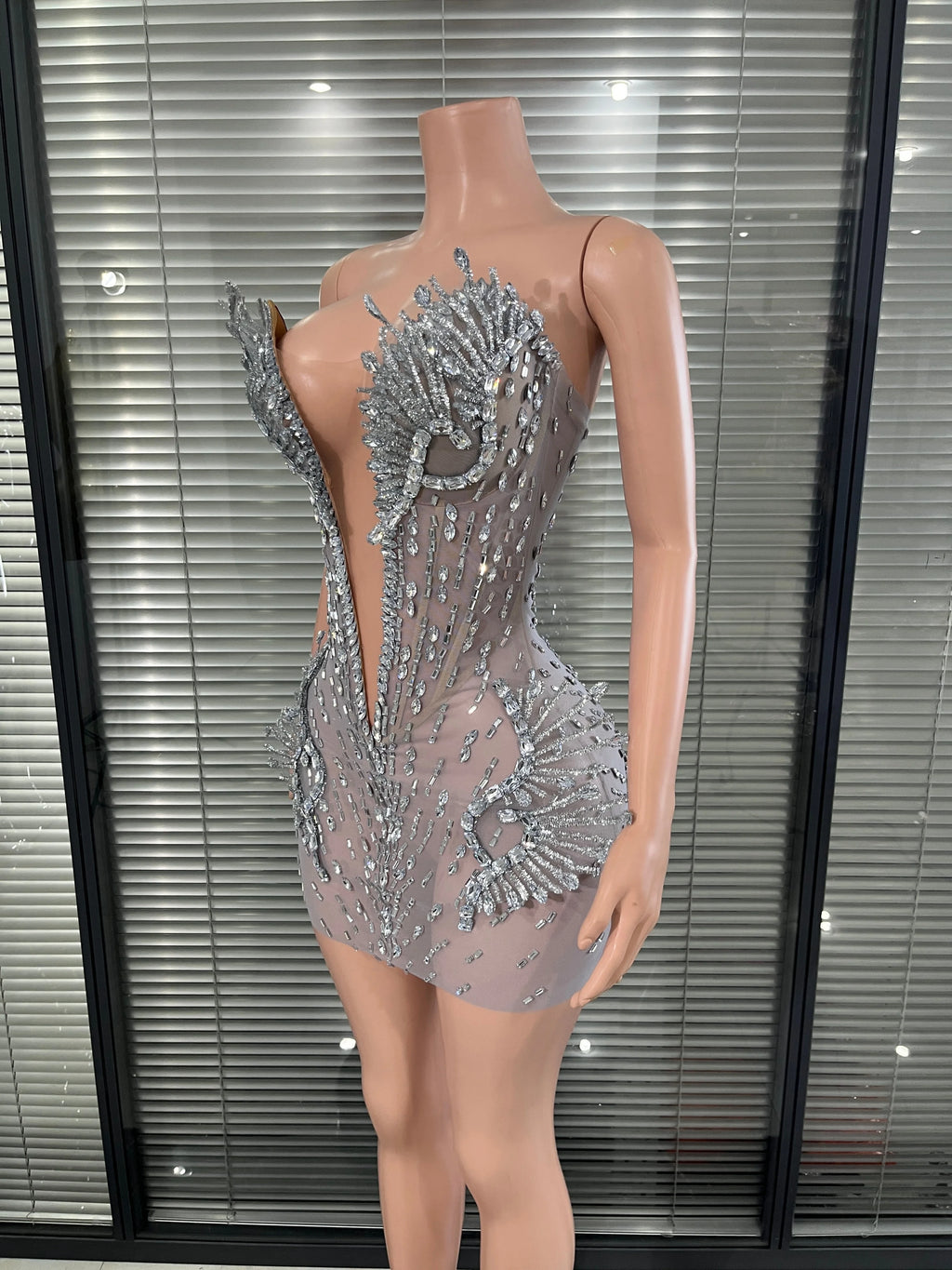 Luxury Deep V Neck and Sculptural Rhinestone Silver Crystal Mesh Mini Dress  Accents for Photoshoots and Red Carpet