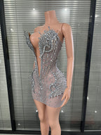 Luxury Deep V Neck and Sculptural Rhinestone Silver Crystal Mesh Mini Dress  Accents for Photoshoots and Red Carpet
