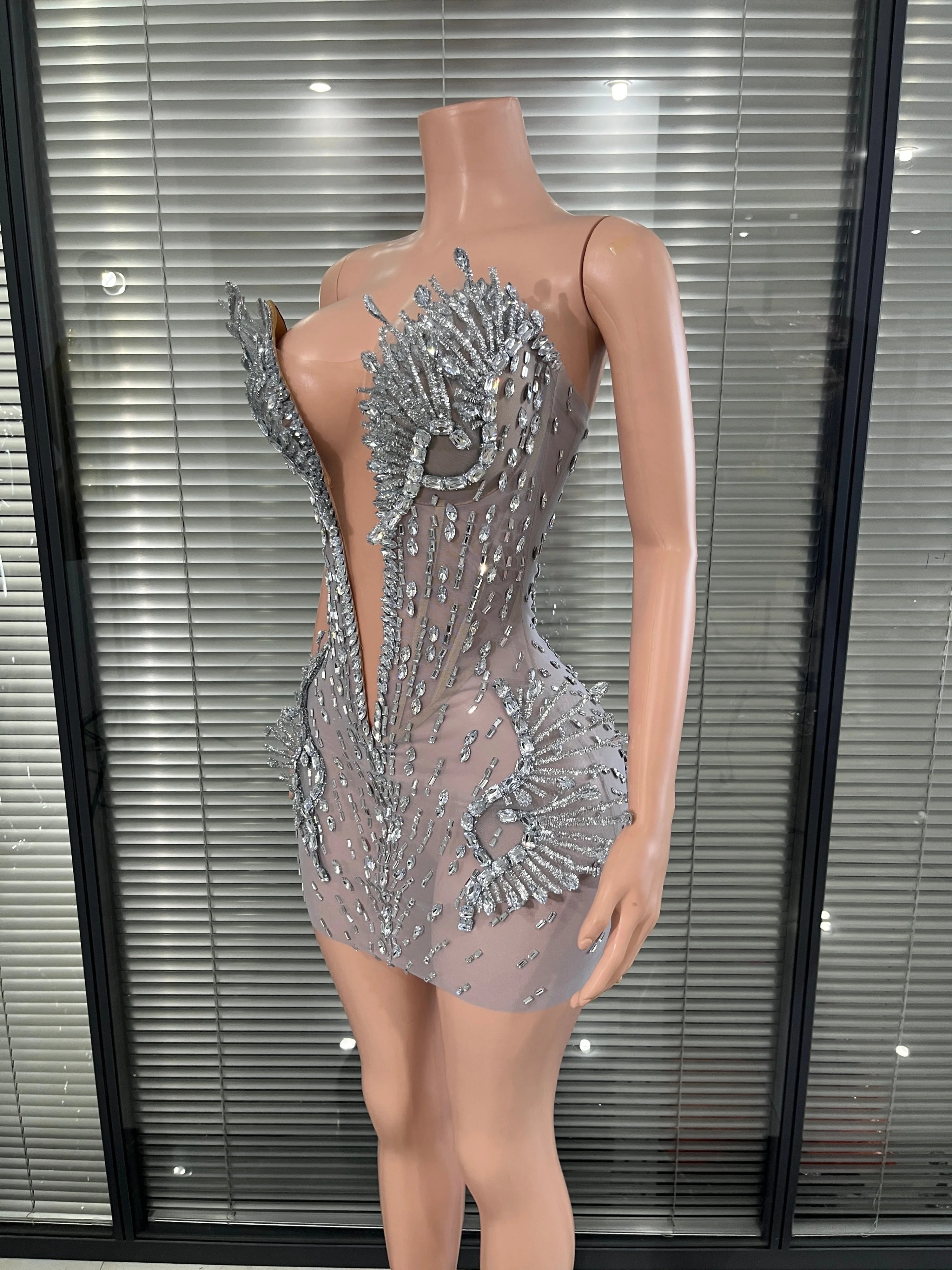Luxury Deep V Neck and Sculptural Rhinestone Silver Crystal Mesh Mini Dress  Accents for Photoshoots and Red Carpet