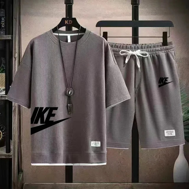 Summer fashion short-sleeved T-shirt + sports shorts set, men's casual jogging and fitness sportswear breathable two-piece set