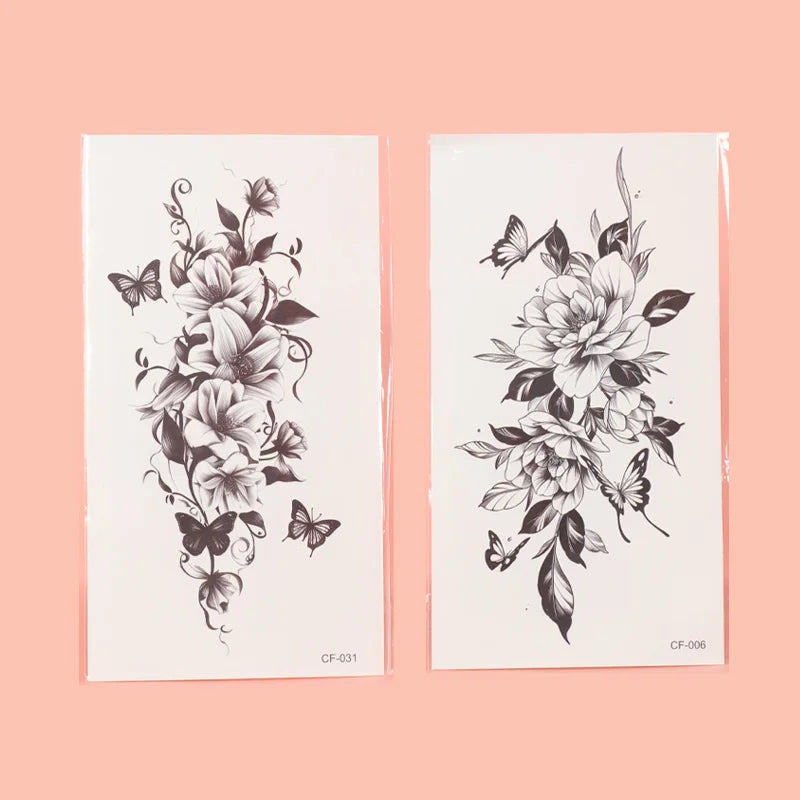 Flower & Butterfly Temporary Tattoo Sticker, Long-lasting and Waterproof, Realistic Fake Tattoos for Women, For Arm, Chest, Leg