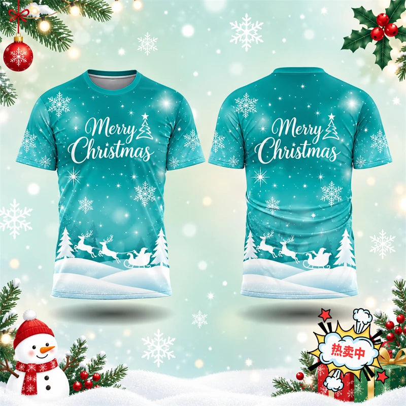 2026 New Merry Christmas T Shirt For Men Women 3D Print Snowflake Reindeer Sleigh Graphic Short Sleeve Xmas Tee Holiday Family