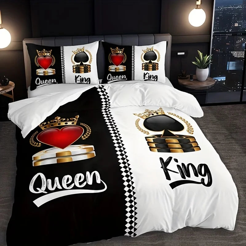 Dark Red And Black Three-Piece Bedding Set with Queen & King Size Featuring Printed English Letters on The Duvet Cover